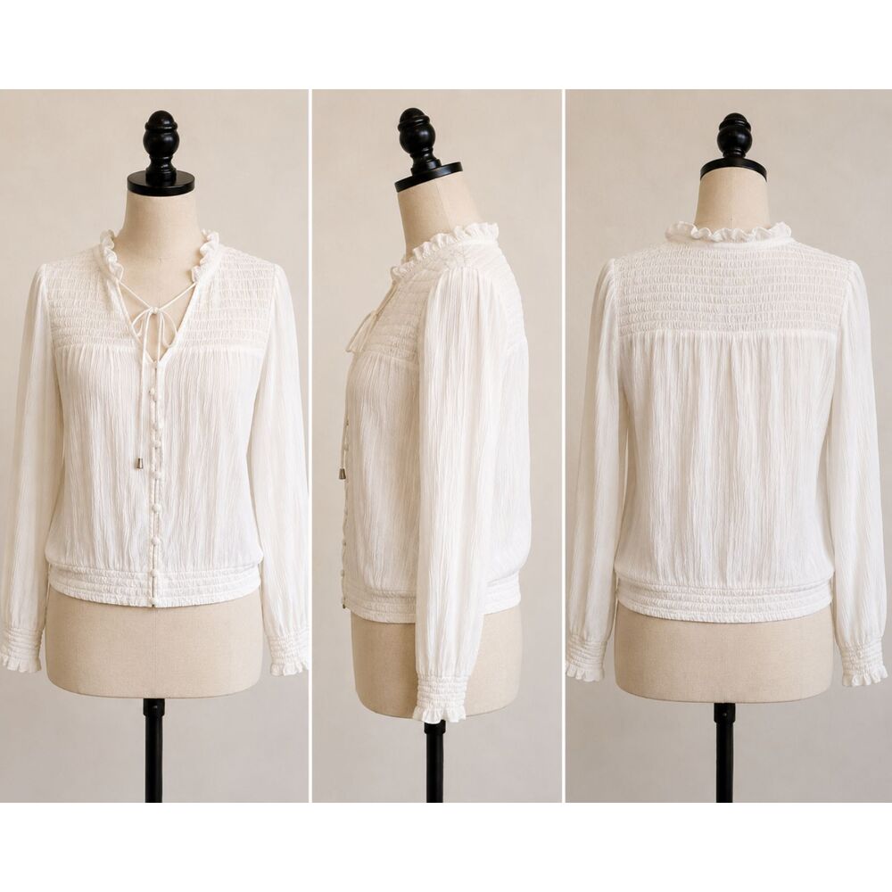 Abercrombie & Fitch Women’s Small White Smocked Button Blouse Boho Long Sleeve
